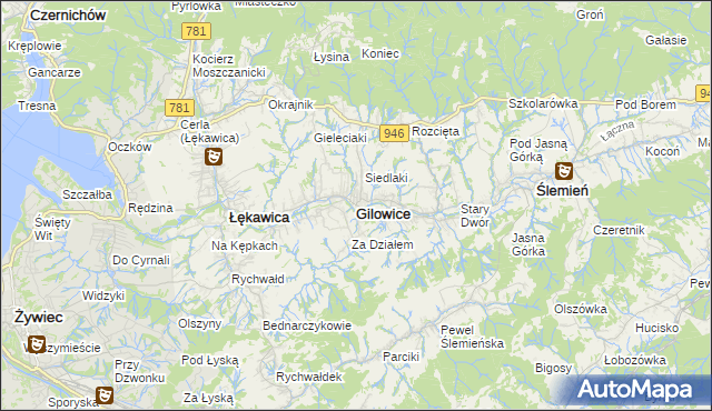 mapa Gilowice powiat żywiecki, Gilowice powiat żywiecki na mapie Targeo