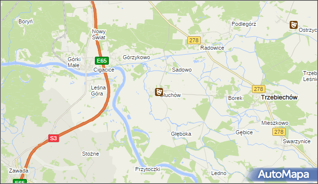 mapa Głuchów gmina Trzebiechów, Głuchów gmina Trzebiechów na mapie Targeo