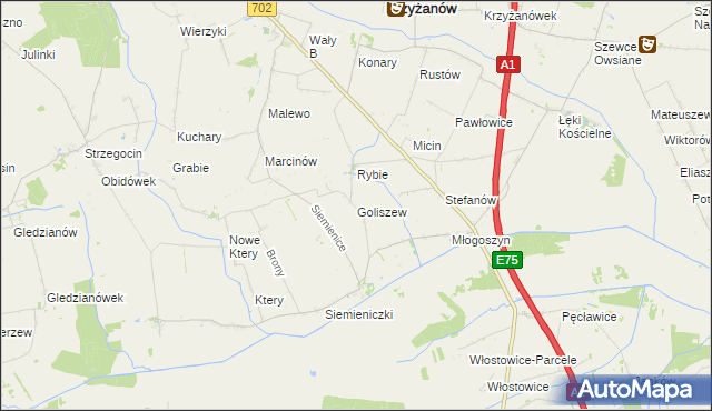 mapa Goliszew gmina Krzyżanów, Goliszew gmina Krzyżanów na mapie Targeo