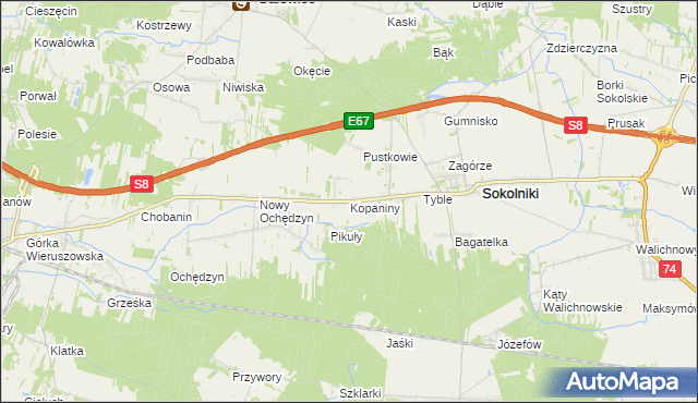 mapa Kopaniny gmina Sokolniki, Kopaniny gmina Sokolniki na mapie Targeo