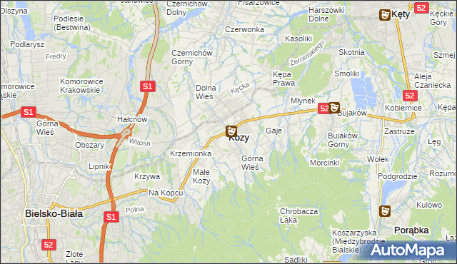 mapa Kozy powiat bielski, Kozy powiat bielski na mapie Targeo