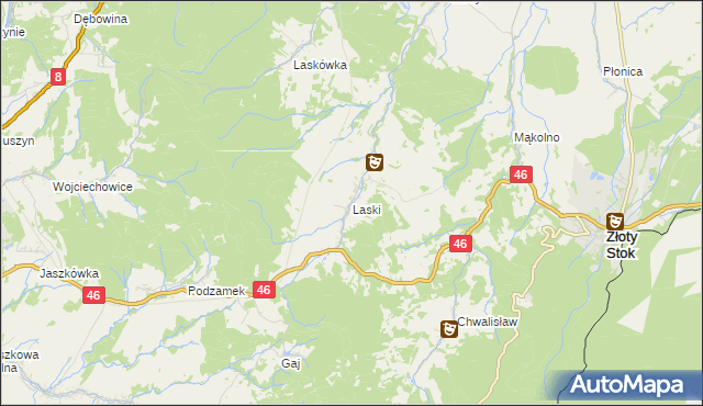 mapa Laski gmina Złoty Stok, Laski gmina Złoty Stok na mapie Targeo