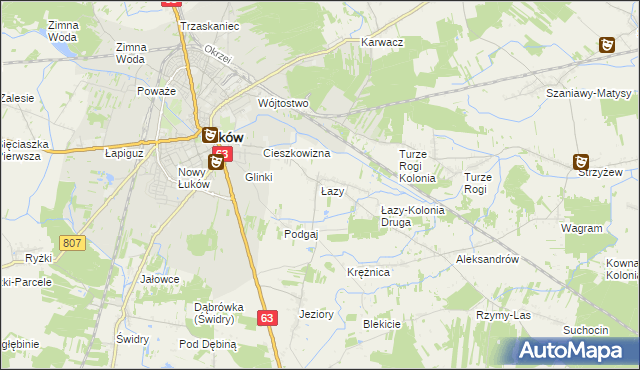 mapa Łazy gmina Łuków, Łazy gmina Łuków na mapie Targeo