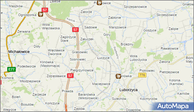 mapa Łuczyce gmina Kocmyrzów-Luborzyca, Łuczyce gmina Kocmyrzów-Luborzyca na mapie Targeo