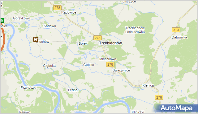 mapa Mieszkowo gmina Trzebiechów, Mieszkowo gmina Trzebiechów na mapie Targeo