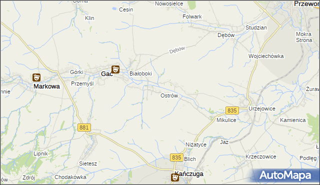 mapa Ostrów gmina Gać, Ostrów gmina Gać na mapie Targeo