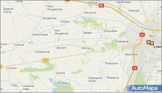 mapa Ostrów gmina Łowicz, Ostrów gmina Łowicz na mapie Targeo