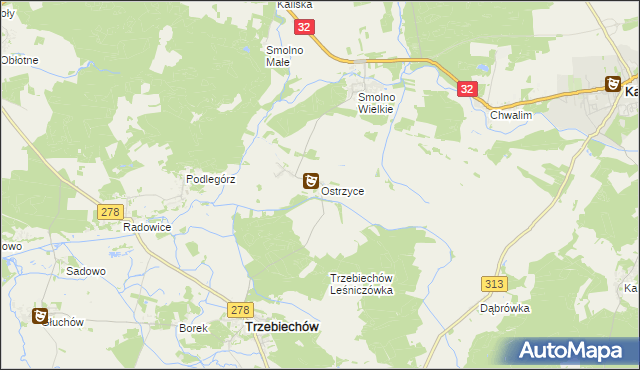 mapa Ostrzyce gmina Trzebiechów, Ostrzyce gmina Trzebiechów na mapie Targeo