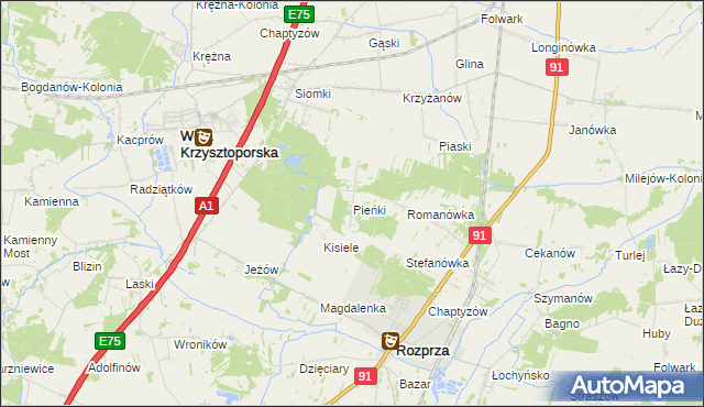 mapa Pieńki gmina Rozprza, Pieńki gmina Rozprza na mapie Targeo