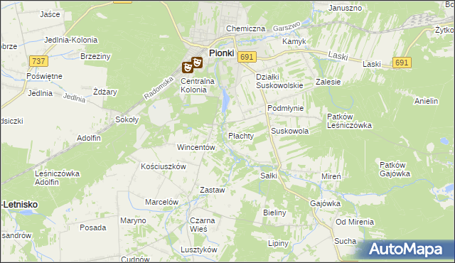 mapa Płachty gmina Pionki, Płachty gmina Pionki na mapie Targeo