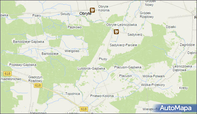 mapa Płusy gmina Obryte, Płusy gmina Obryte na mapie Targeo