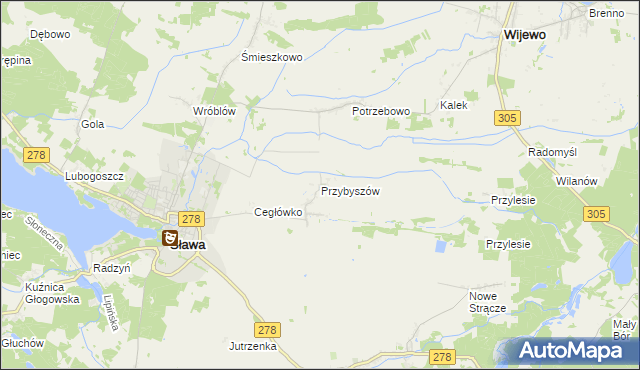 mapa Przybyszów gmina Sława, Przybyszów gmina Sława na mapie Targeo