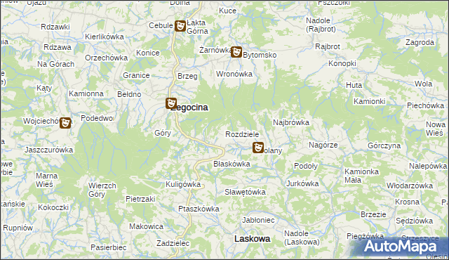 mapa Rozdziele gmina Żegocina, Rozdziele gmina Żegocina na mapie Targeo