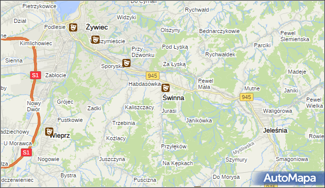 mapa Świnna powiat żywiecki, Świnna powiat żywiecki na mapie Targeo