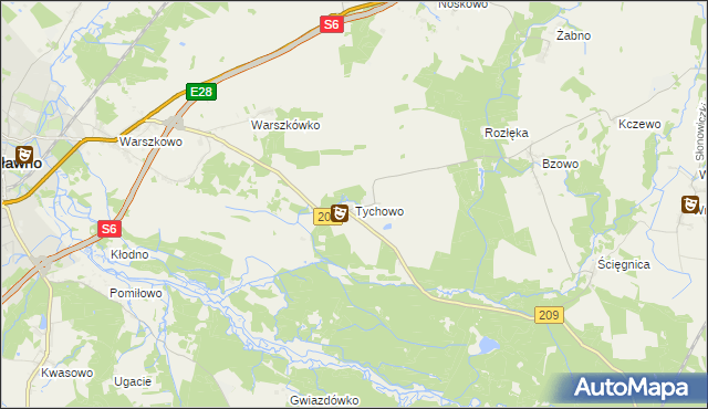 mapa Tychowo gmina Sławno, Tychowo gmina Sławno na mapie Targeo