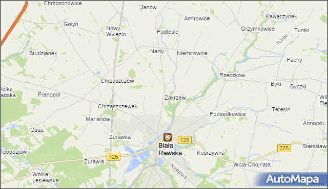 mapa Zakrzew gmina Biała Rawska, Zakrzew gmina Biała Rawska na mapie Targeo