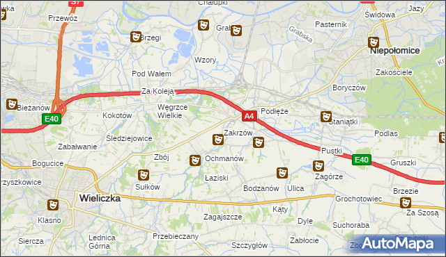 mapa Zakrzów gmina Niepołomice, Zakrzów gmina Niepołomice na mapie Targeo