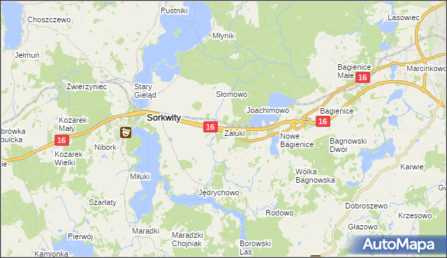 mapa Załuki gmina Sorkwity, Załuki gmina Sorkwity na mapie Targeo