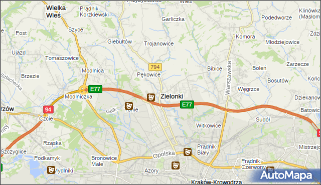 mapa Zielonki powiat krakowski, Zielonki powiat krakowski na mapie Targeo
