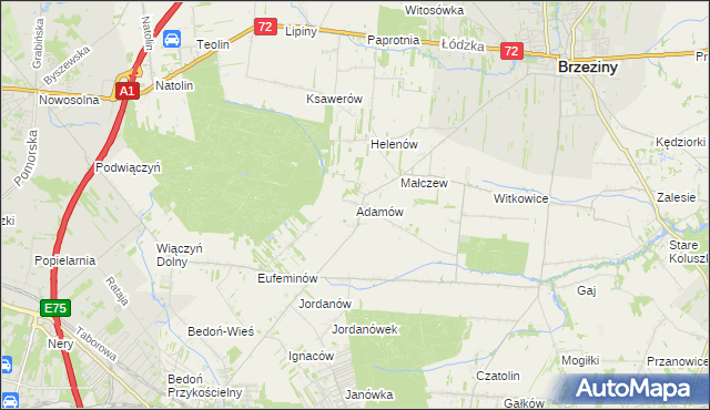 mapa Adamów gmina Brzeziny, Adamów gmina Brzeziny na mapie Targeo