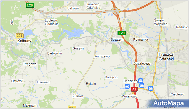 mapa Arciszewo gmina Pruszcz Gdański, Arciszewo gmina Pruszcz Gdański na mapie Targeo