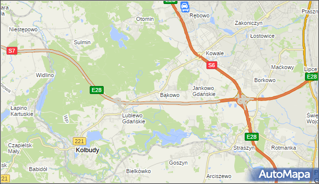 mapa Bąkowo gmina Kolbudy, Bąkowo gmina Kolbudy na mapie Targeo