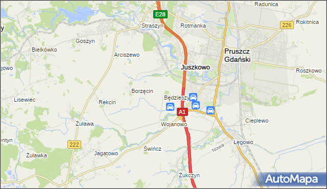 mapa Będzieszyn gmina Pruszcz Gdański, Będzieszyn gmina Pruszcz Gdański na mapie Targeo