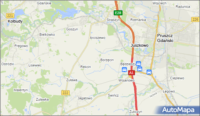 mapa Borzęcin gmina Pruszcz Gdański, Borzęcin gmina Pruszcz Gdański na mapie Targeo