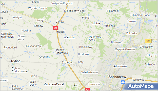 mapa Bronisławy gmina Sochaczew, Bronisławy gmina Sochaczew na mapie Targeo
