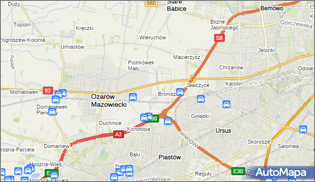 mapa Bronisze gmina Ożarów Mazowiecki, Bronisze gmina Ożarów Mazowiecki na mapie Targeo