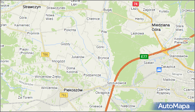 mapa Brynica gmina Piekoszów, Brynica gmina Piekoszów na mapie Targeo