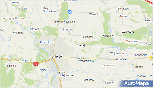 mapa Czekaj gmina Uniejów, Czekaj gmina Uniejów na mapie Targeo