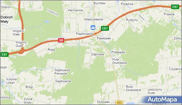 mapa Dąbrowa gmina Dłutów, Dąbrowa gmina Dłutów na mapie Targeo