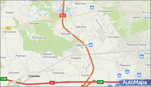 mapa Dąbrówka gmina Dopiewo, Dąbrówka gmina Dopiewo na mapie Targeo