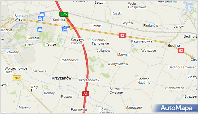 mapa Daninów gmina Krzyżanów, Daninów gmina Krzyżanów na mapie Targeo