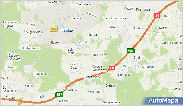 mapa Dobrosław gmina Lututów, Dobrosław gmina Lututów na mapie Targeo