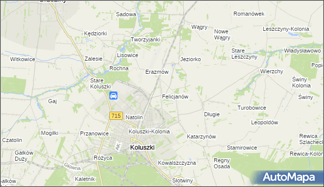 mapa Felicjanów gmina Koluszki, Felicjanów gmina Koluszki na mapie Targeo