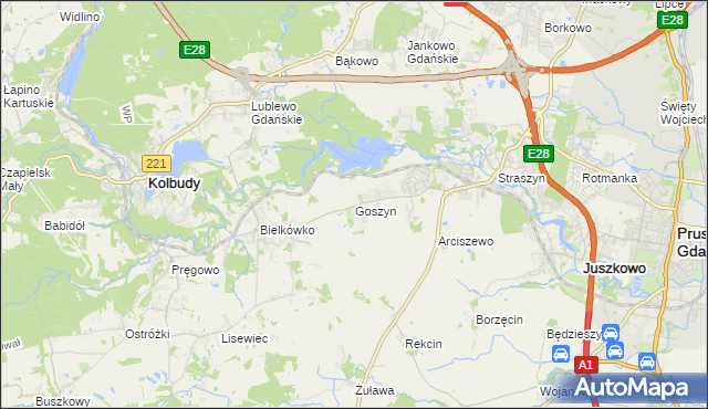 mapa Goszyn gmina Pruszcz Gdański, Goszyn gmina Pruszcz Gdański na mapie Targeo