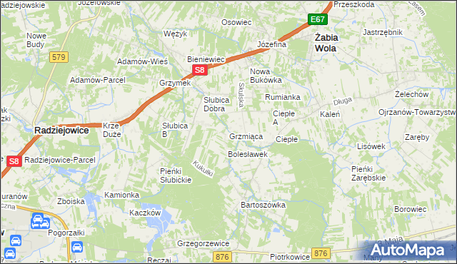 mapa Grzmiąca gmina Żabia Wola, Grzmiąca gmina Żabia Wola na mapie Targeo