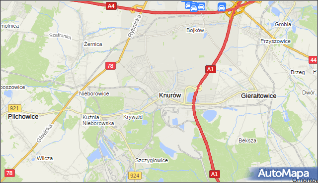 mapa Knurów powiat gliwicki, Knurów powiat gliwicki na mapie Targeo