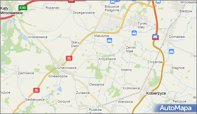 mapa Krzyżowice gmina Kobierzyce, Krzyżowice gmina Kobierzyce na mapie Targeo