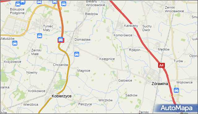 mapa Księginice gmina Kobierzyce, Księginice gmina Kobierzyce na mapie Targeo