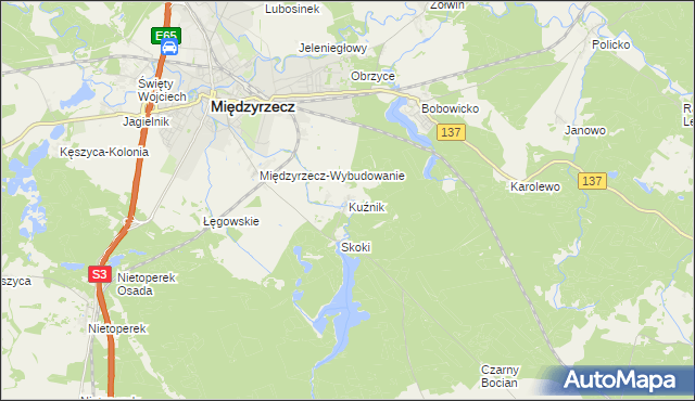 mapa Kuźnik gmina Międzyrzecz, Kuźnik gmina Międzyrzecz na mapie Targeo