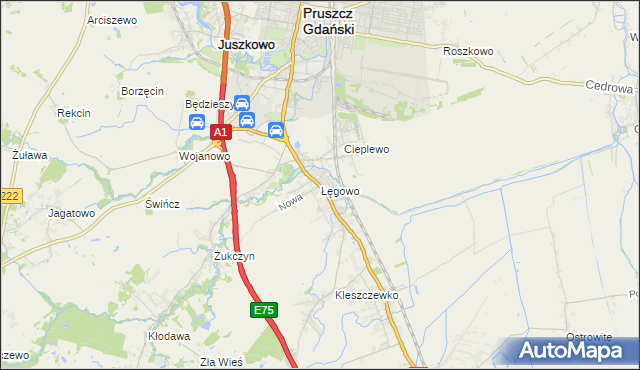 mapa Łęgowo gmina Pruszcz Gdański, Łęgowo gmina Pruszcz Gdański na mapie Targeo