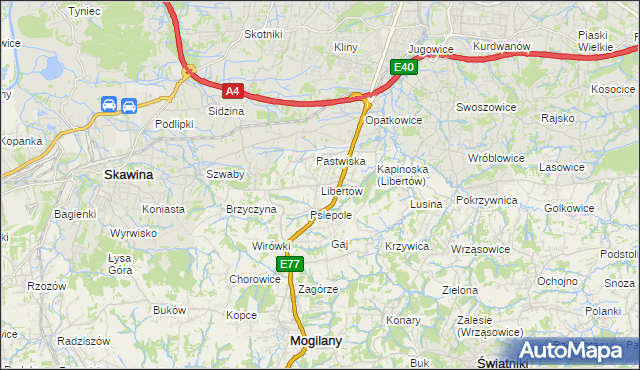 mapa Libertów gmina Mogilany, Libertów gmina Mogilany na mapie Targeo