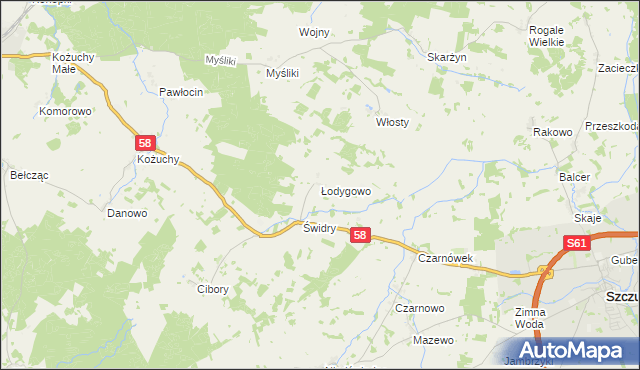 mapa Łodygowo gmina Biała Piska, Łodygowo gmina Biała Piska na mapie Targeo