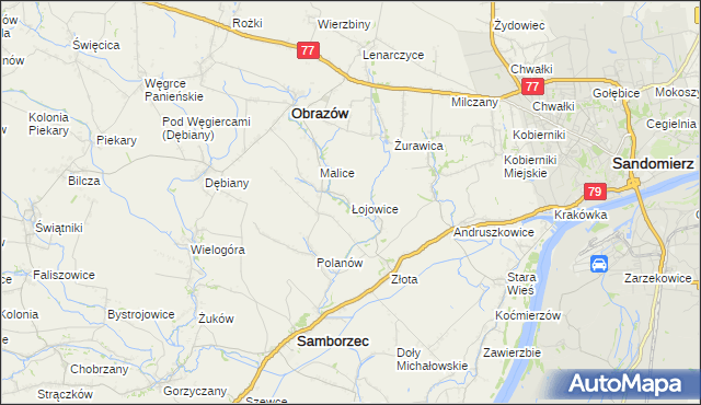 mapa Łojowice gmina Samborzec, Łojowice gmina Samborzec na mapie Targeo
