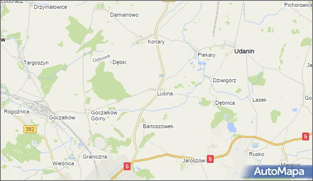 mapa Lusina gmina Udanin, Lusina gmina Udanin na mapie Targeo