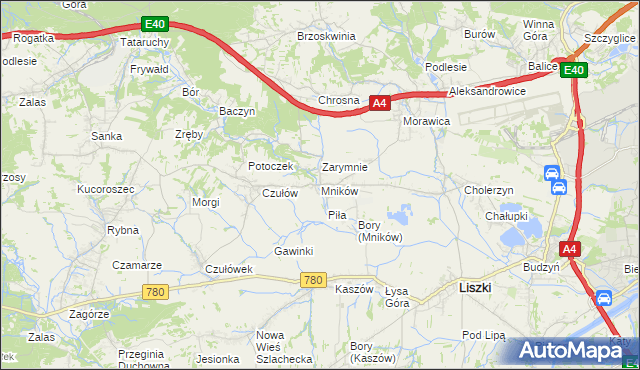 mapa Mników gmina Liszki, Mników gmina Liszki na mapie Targeo