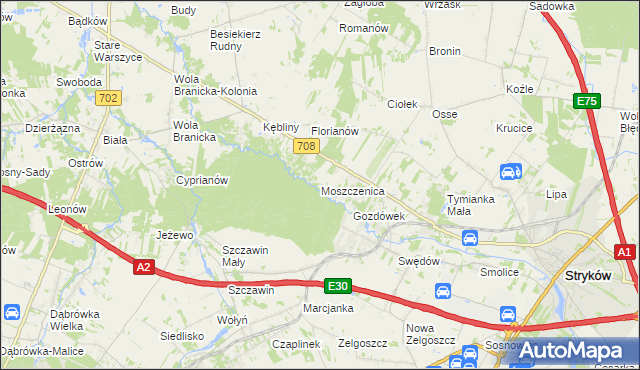 mapa Moszczenica gmina Zgierz, Moszczenica gmina Zgierz na mapie Targeo